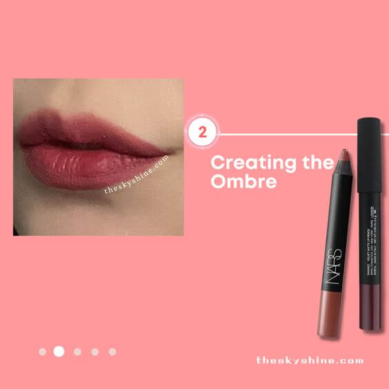 Glossy Ombre Rose Brown Lip Tutorial: Achieve a Stunning Lip Look
2. Creating the Ombre Effect Begin by applying a matte burnt coral red lip pencil (NARS, Walkyrie), To achieve the ombre effect, take a matte rich magenta lip pencil (NARS, Damned) and focus on the inner corners of your lips.
