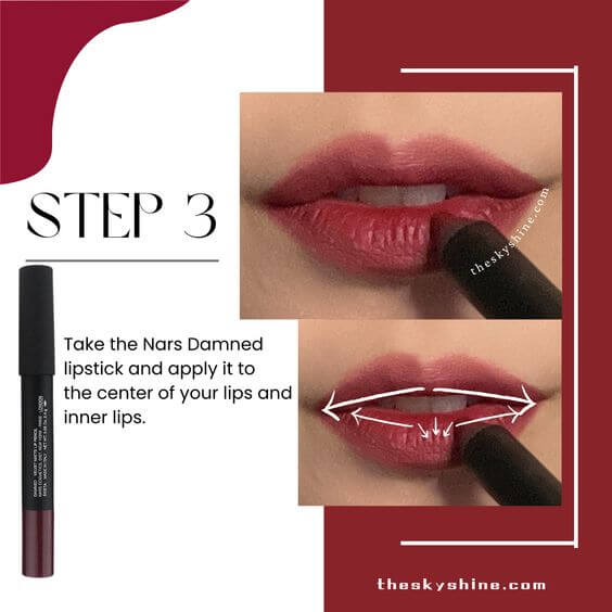 Mastering the Art of Blending: Creating a Seamless Ombre Rose Brown Lip Effect Step 3: Applying Nars Damned Lipstick Take the Nars Damned lip pencil and apply it to the center of your lips and inner lips.