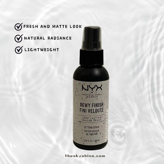 Which NYX Makeup Setting Spray Is Right for You? The NYX Dewy Finish Fini Veloute Setting Spray is designed to provide a reduce shine and leave a fresh look to your makeup. It adds a natural radiance to your complexion, making your skin appear hydrated and healthy. If you prefer a fresh and fresh matte look, this setting spray is the way to go.