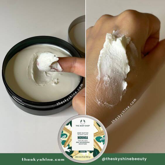 The Body Shop Moringa Body Butter Review: Overnight Moisturizer For Dry Skin 1. Texture & Absorption & Scent The Moringa Body Butter is a rich and creamy texture that glides smoothly over the skin. And it takes a long time in absorption. It stays greasy over 20 mins without sticky. 