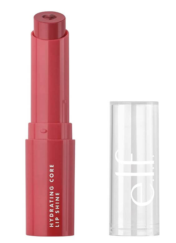 Top 5 Glossy Lipsticks to Rock This Summer  e.l.f. Hydrating Core Lip Shine in Lovely, including its melting lip balm texture, sheer tint of color, soft shine, and ability to provide sheer to medium coverage and keep lips moisturized.