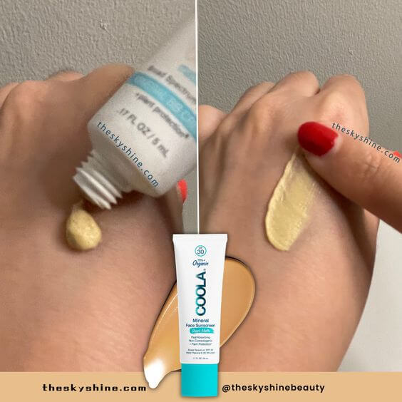 COOLA Mineral Sunscreen SPF 30 Matte tint Review: Effortless Elegance 1. Formulation & Scent This sunscreen has a light--weight cloud-like texture. It applies very smoothly and is immediately absorbed into the skin without feeling heavy or oily. 