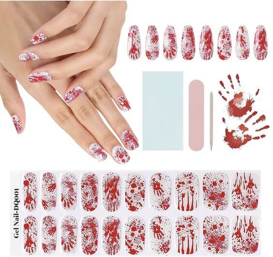 7 Best Halloween Blood Nails 2. Gel Nail Strips 
ÇEBANKU Blood Handprint Gel Nail Wraps are well-suited for costumes with a horror theme.
