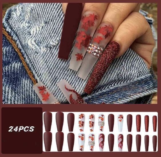 7 Best Products for Dark Red Nails: Polishes, Gel Nail Strips, and Press-On Nails  3. Press On Nails Coffin Long Leaf Fake Nails
Hkanlre Red Press on Nails 
The Hkanlre Red long fake nails set includes gorgeous press-on nails in a deep, moody fall design.