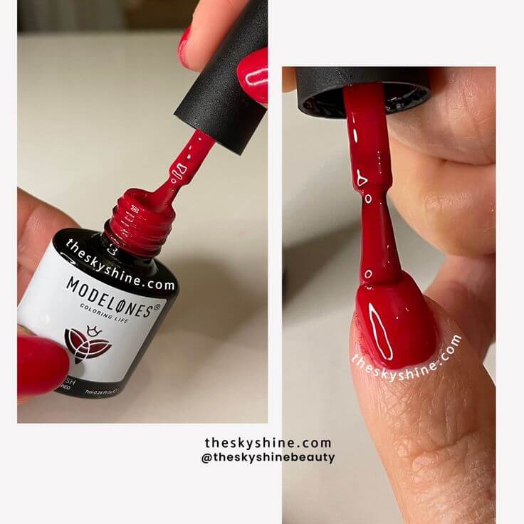 A Review of Modelones Gel Nail 0243: The Perfect Choice for Red Nail Lovers 1. Shade & Texture & Scent Modelones Gel Nail 0243 is a vibrant red color and this formula maintains smooth application, vivid color payoff, and over 2 weeks of lasting durability.