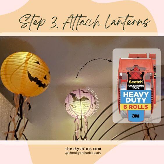DIY Tutorial: Setting Up Halloween Paper Lanterns on Your Ceiling Step 3. Attach and Hang the Lanterns, Securely attach the lanterns to the fishing line, ensuring they’re evenly spaced.