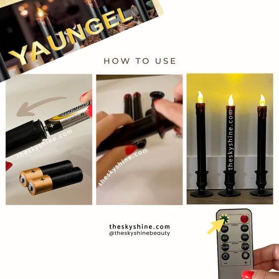 A Review of YAUNGEL Black Flameless LED Candles: Light Up Your Nights 2. How To Use Rotate to open the bottom of the candle and insert the required 2 AA batteries.
Control the LED candles by pressing the switch button at the bottom of the candle.
You can select between static and flickering candle options.
You can also use the remote control to operate the candles. The remote control allows you to choose among 2, 4, 6, or 8-hour timers.