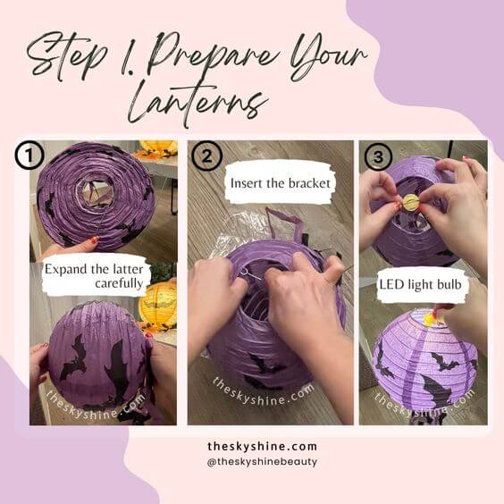 DIY Tutorial: Setting Up Halloween Paper Lanterns on Your Ceiling Step 1. Prepare Your Lanterns, Assembling these lanterns is a breeze. Simply assemble your lanterns and insert the LED string lights, ensuring that the cords dangle down from each lantern equipped with an LED light.