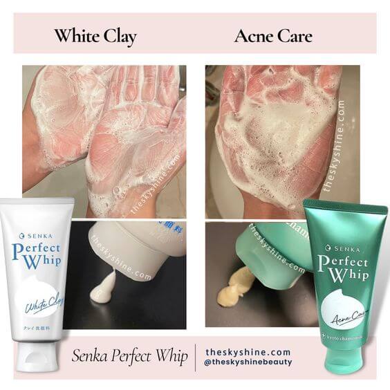 Senka Cleansers: White Clay vs. Acne Care 2.  Conclusion: Which Cleanser is Right for You? Both products have the common benefit of immediately reducing a large amount of oil on oily skin without causing dryness. f you’re seeking deep cleansing and sebum control, Perfect White Clay is a definite choice. However, if acne and sebum control are your concerns, Perfect Whip Acne Care is made a better choice for preventing and treating acne.