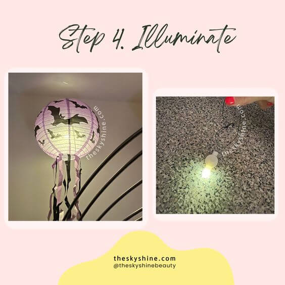 DIY Tutorial: Setting Up Halloween Paper Lanterns on Your Ceiling Step 4. Illuminate, If you need more lighting, you can easily hang lights to create a soft atmosphere.