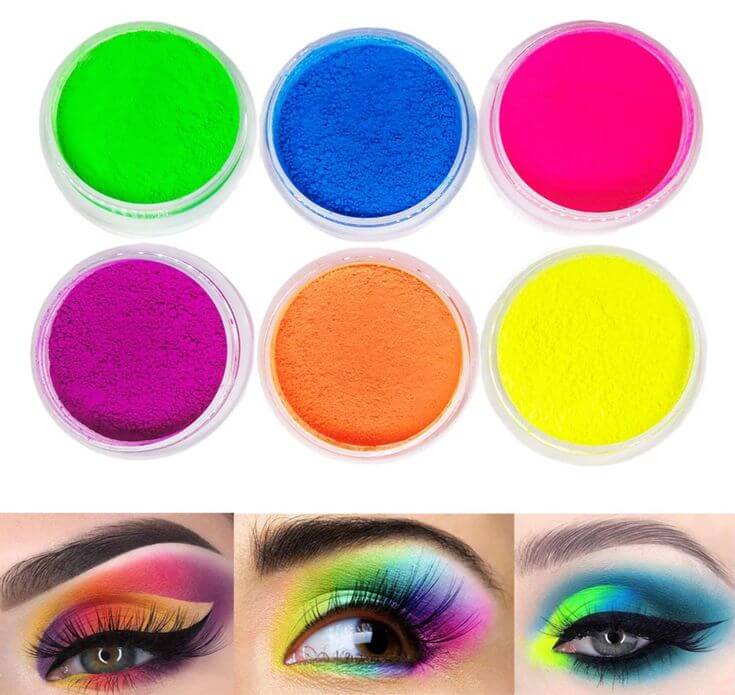 5 Bold Ways to Rock Neon Yellow Makeup 2. Eyeshadow, pair it with cool-toned shades like dark gray and black, purples or blues to create a vivid contrast.
FindinBeauty Neon Pigment Eyeshadow Powder UV Glow Blacklight 6 Mixed Bright True Colors