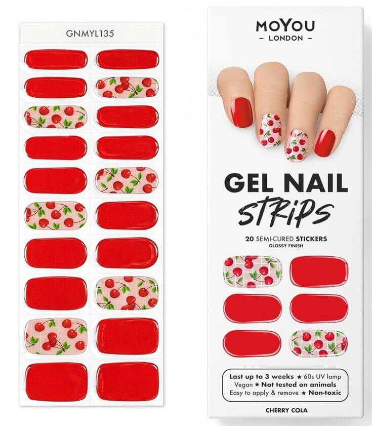 Top 3 Cherry Nail Strips: A Blend of Playfulness, Cuteness, and Loveliness  1. Semi Cured Gel Nail Strips, Experience the magic of eye-catching cherry and red nails. These strips provide a modern and stylish appearance to your nails while smoothly blending colors.
MoYou London Semi Cured Gel Nail Strips Cherry Cola 