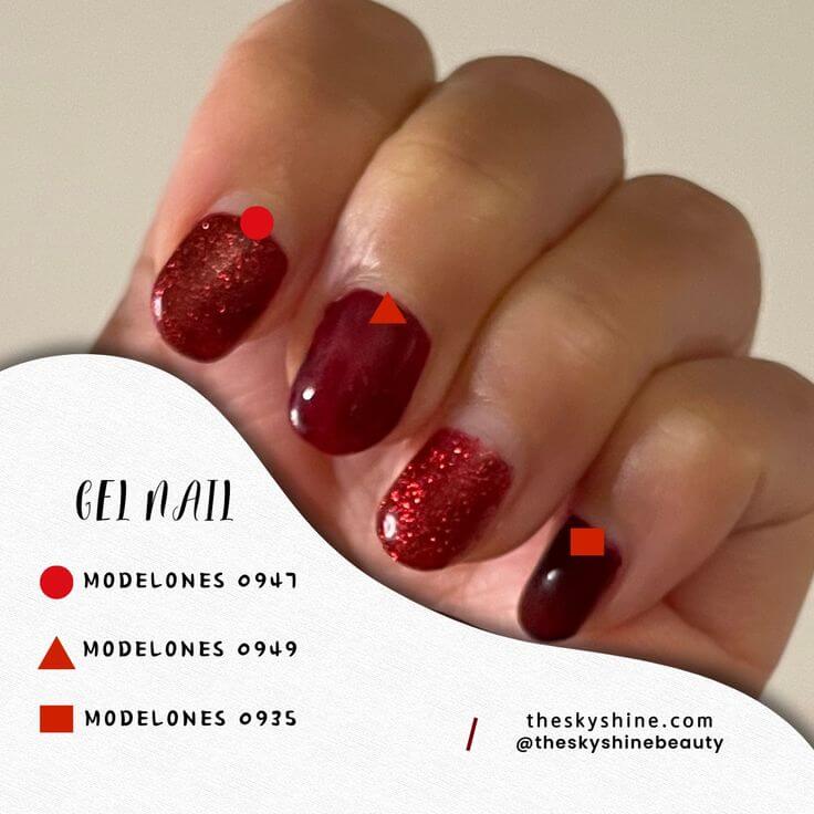 A Review of Modelones Gel Nail 0949: The Allure of Dark Red 2. How to use You can use it in a single color for the entire nail, or you can mix various colors ( Modelones 0947, Modelones 0935)  to complete a sophisticated or cute look.