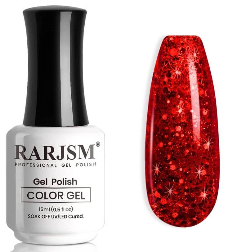 Best 6 Red Gel Nail Polishes That Will Make You Stand Out 6.  RARJSM 'RAR402' This chunky glitter red gel polish delivers a high-gloss finish that captivates, and its chip-resistant formula keeps your allure intact for an extended period.
RARJSM Gel Nail Polish Sparkly Red Chunky Shimmer Iridescent Glitter Gel Polish 15ml