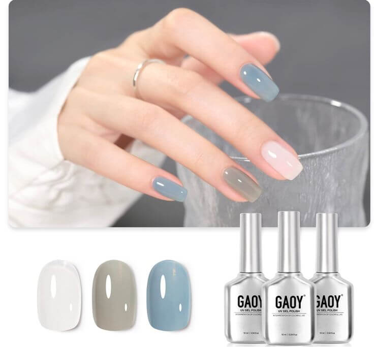 The 3 Best Milky White Nail Polishes For an Everyday Look The ‘Cloudy Coast’ color palette consists of milky white, blue, and gray shades. These colors evoke a playful and calming vibe, making them ideal for a relaxed, everyday look.
GAOY Gel Nail Polish Kit, 3 Colors Jelly Milky White Blue Gray, Sheer Soak Off UV Gel Polish Set - Cloudy Coast