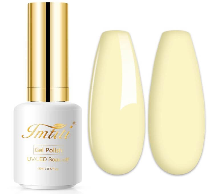 Best 3 Cream Color Nail Polishes for a Sophisticated Look 3.  Creme Light Yellow: F-5-Creme Light Yellow, If you want a tone that’s more like the enviable and warm hue of vanilla ice cream, you can easily create a color by mixing cream nail gel polish shades. 
Imtiti Pastel Gel Nail Polish, 1 Pcs 0.5 Fl Oz Creme Light Yellow Gel Polish