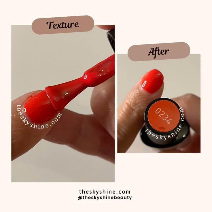 A Comprehensive Review of Modelones Gel Nail Polish 0234: The Perfect Vibrant Orange for Your Nails 1. Shade & Texture & Scent This gel nail polish is an orange color with a red hue. It applies very smoothly and softly, and it has no scent. There’s a slight smell when you apply it, but the smell disappears after curing with a UV lamp.