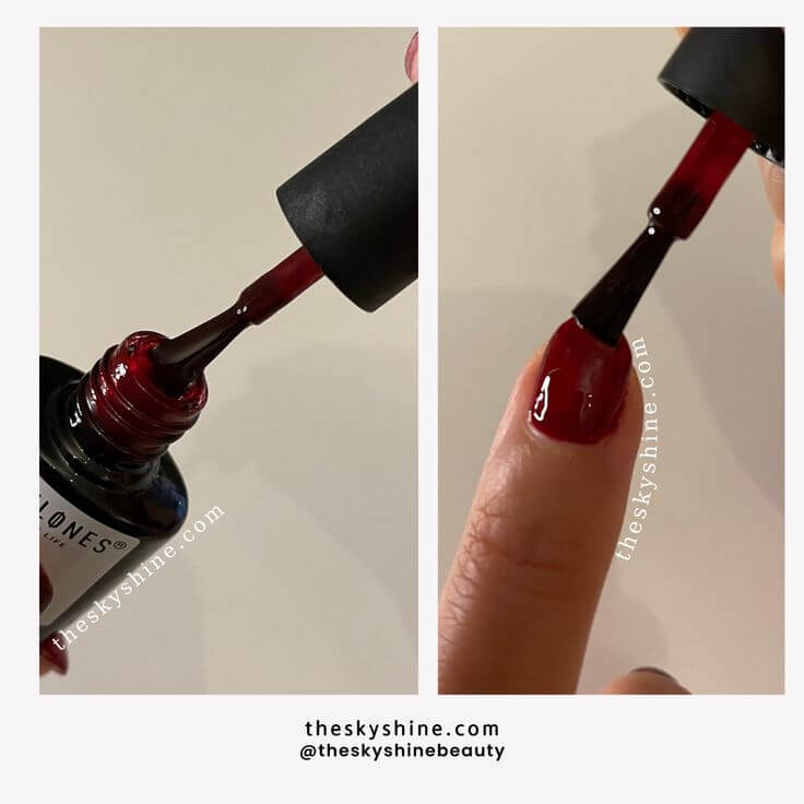 A Review of Modelones Gel Nail 0949: The Allure of Dark Red 1. Shade & Texture & Scent This is a dark red color that becomes more vivid with each coat. It applies very smoothly and softly, and it has no scent.