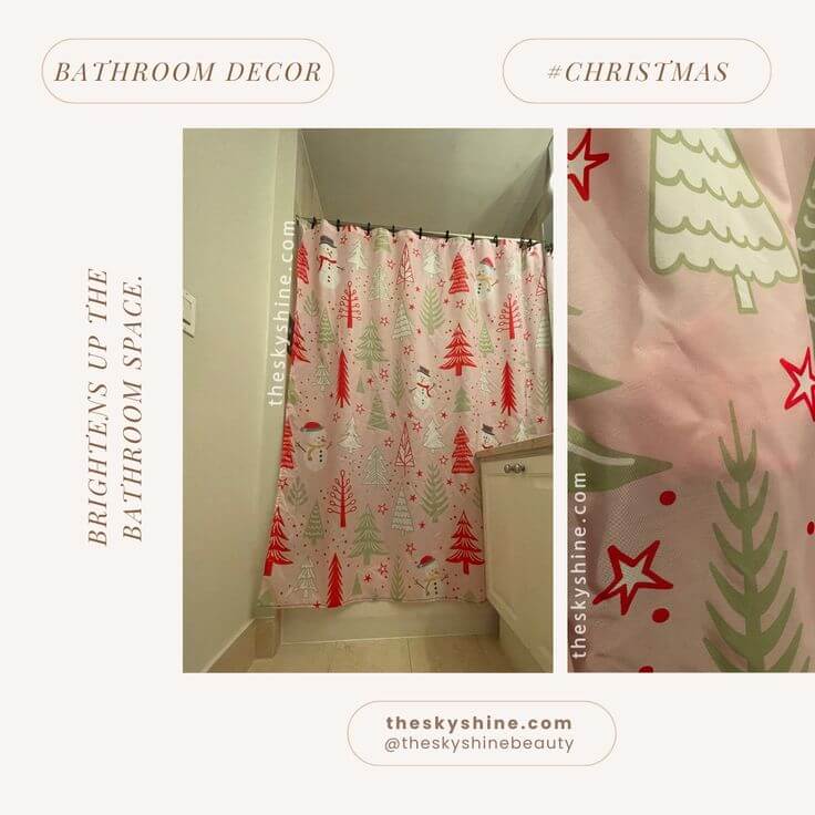 My Review of the Pink Christmas Shower Curtain from Temu 1. Durability & Design The Feierman Christmas Shower Curtain features a pink background decorated with classic Christmas motifs such as snowmen and trees.