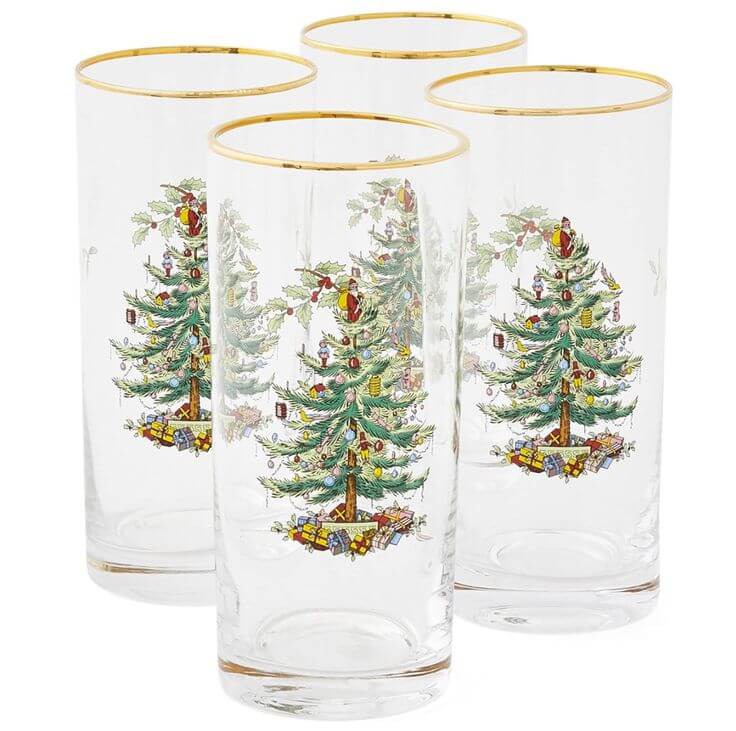 The Best 5 Christmas Drinking Glasses: From Wine to Coffee Mugs 1. Festive Christmas Tree Glassware Set Raise your holiday spirits with ‘Festive Mistletoe Accents’, the perfect Christmas glasses. Adorned with festive motifs and a touch of sparkle, these glasses add a decorative element to your drink enjoyment. 
Spode Christmas Tree Glassware Set of 4 -Made of Glass