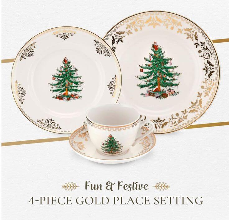 The 5 Best Christmas Dinnerware Sets of the Season 1. Elegant Designs for Festive Fun Embrace the elegance of table settings with the Christmas Tree Gold 4-Piece Setting dinnerware. Its nature-inspired designs bring a touch of the outdoors to your table.
Spode Christmas Tree Gold 4-Piece Setting