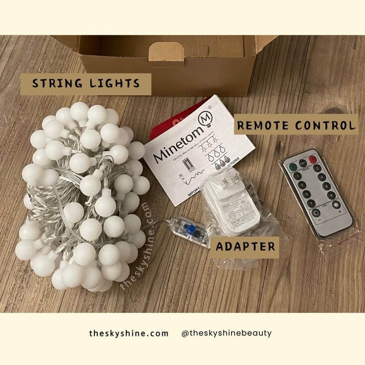 A User’s Experience: Minetom 33 Feet 100 Led Mini Globe String Lights 1. Material & Design The package includes the string lights, a remote control, and a USB charger. 