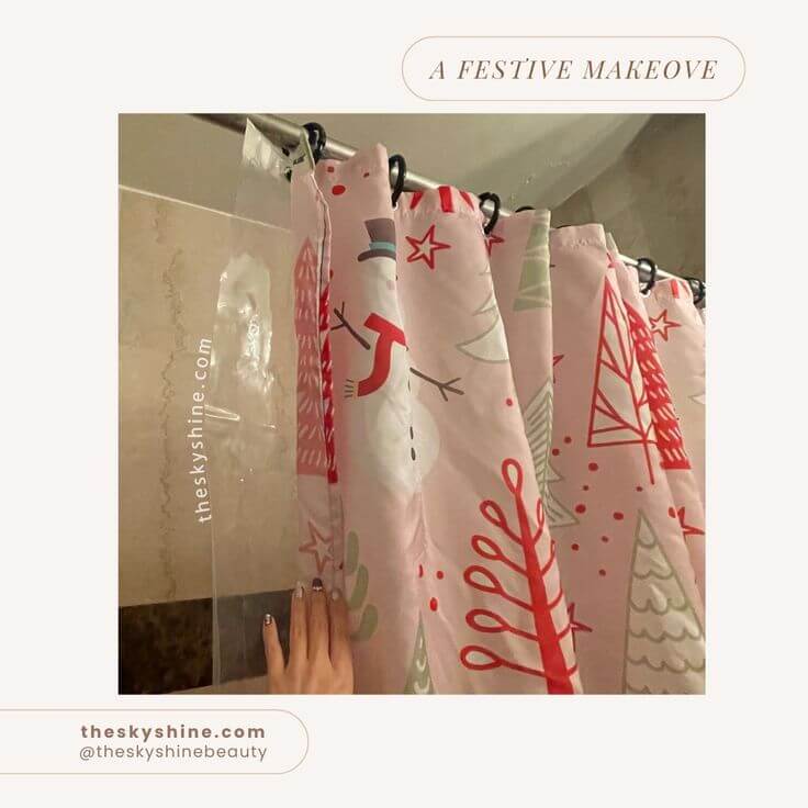 My Review of the Pink Christmas Shower Curtain from Temu 2. How To Use 2. How To Use I used a transparent Waterproof Shower Curtain Liner on the inside and paired it with this Christmas curtain on the outside. 