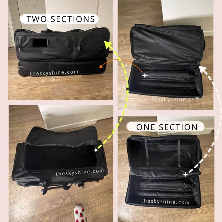 A Detailed Review of the Tumi ALPHA Large Split 2 Wheeled Duffel 2. Storage and Organization The spacious main compartment can be divided into two sections, allowing you to separate clean and dirty items, or shoes from clothes. It can also be used as a single section