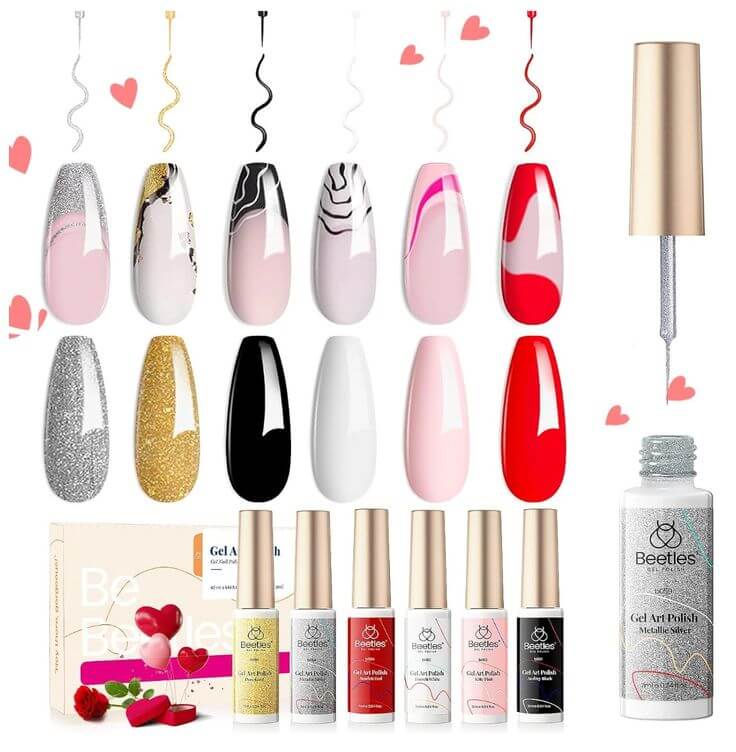 Valentine: The 3 Must-Have Beetles Gel Nail Polish Kits 3. Grid Girl - Gel Liner 6 Colors Set For those who prefer creative designs, the Grid Girl Collection offers creamy shimmer that is perfect for a romantic, understated Valentine’s Day gel polish.
Beetles Gel Polish 6 Pcs Black White Red Gold Silver Glitters Colors Paint Swirl Built Thin Brush in Bottle Soak off Uv Led Lamp Valentine Nail Polish