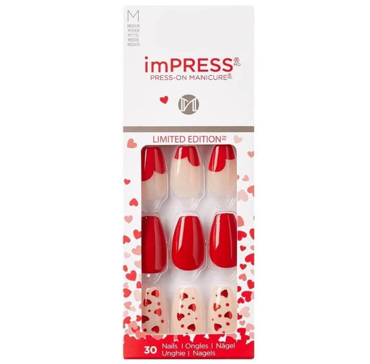 The Top 5 Heart-Shaped Press-On Nails for a Romantic Look 1. Kiss imPRESS - Always and Forever This coffin fake nail kit features playful French tips with a lovely twist of heart-shaped accents, perfect for a romantic vibe. 
Kiss imPRESS Always and Forever Press on Nails Valentine's Day, Chrome,Red, 33 Piece Set