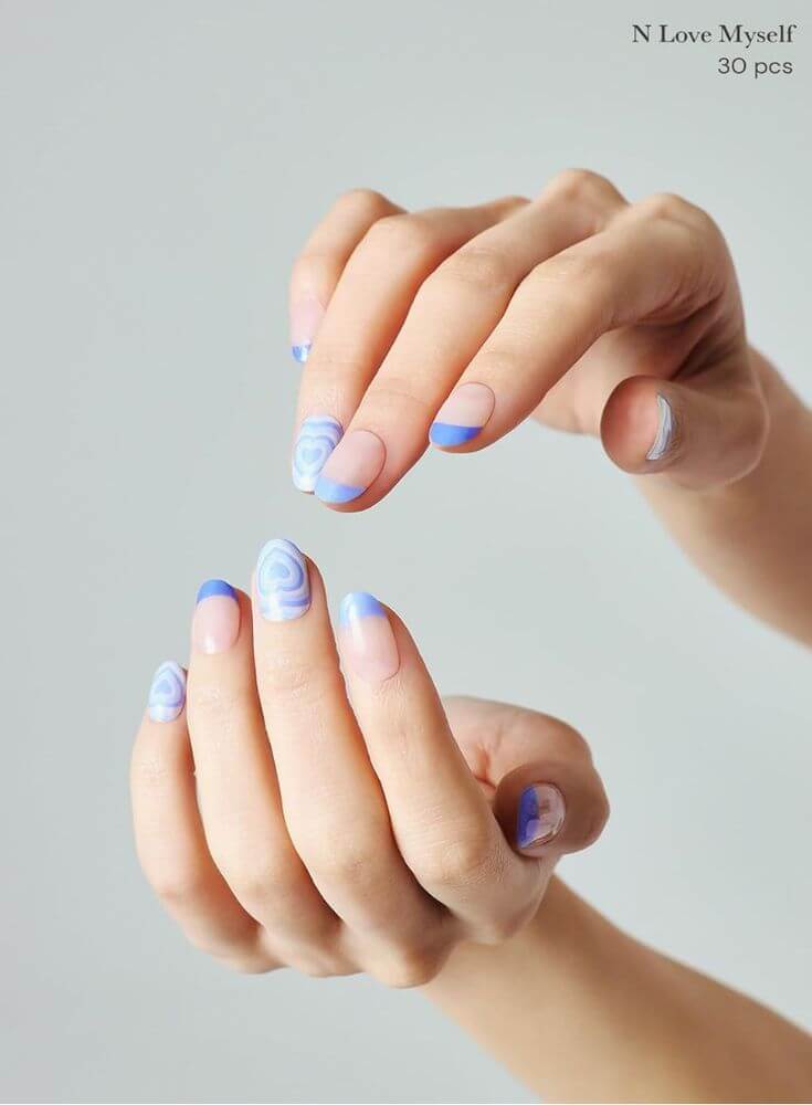 Adore Your Nails: Top 5 Ohora Heart Gel Nail Strips 3. N Love Myself The N Love Myself set offers a fresh look with a mix of blue hearts on french nails and various blue stripes, perfect for achieving a look for summer daily beauty.
ohora Semi Cured Gel Nail Strips (N Love Myself) 