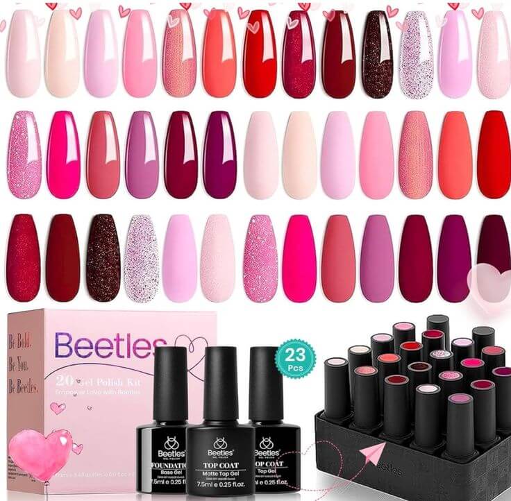 5 Must-Have Glossy Pink Heart Nail Products for Nail Art Lovers Get the look: Gel Polish Kit Valentine's Day 
Beetles Gel Nail Polish Set 20 Colors Sweet Pink Burgundy Red Solid Shimmer Glitter Gel Polish