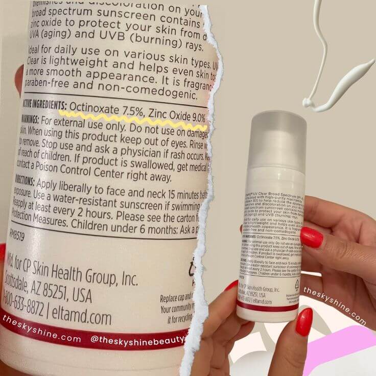 Skin-Saving Secrets: Review of EltaMD UV Clear SPF 46 3. Ingredients (2024) Octinoxate, Zinc oxide 