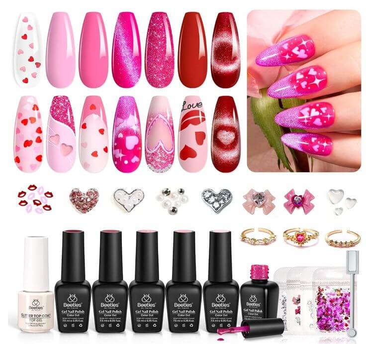 Valentine: The 3 Must-Have Beetles Gel Nail Polish Kits 1. Fall in Love Collection - Gel Polish 6 This kit is specially curated for Valentine’s Day, exuding a romantic and elegant temperament. It features classic reds, soft pinks, and glitter options for a variety of nail art designs.
Beetles Gel Nail Polish Valentine 6 Colors Pink Rose Red Glitter Cat Eye Gel Polish Fall in Love Collection with Heart Top Coat, Pearl Rhinestones, Lips Sequins, Cat Eye Magnets Beetles Vday Gifts