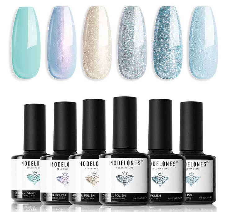 Mermaid Magic: The Top 6 Mermaid Gel Nail Polishes 2. Mermaid Bubble This is a range of gel polish featuring a baby blue hue that mimics the ocean's glitter, perfect for Spring and Summer.
Modelones Gel Nail Polish Set, Mermaid Bubble 6 Pcs Blue Silver Glitter Gel Nail Polish Mint Green Shimmer 