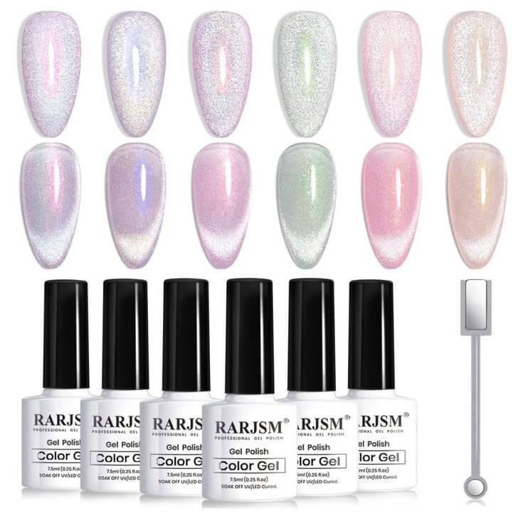 Spring Blooms: The 5 Must-Have Gel Nail Polish Kits 3. Universal Cat Eye Gel Set - Gel Polish 6 Colors Set This kit provides a high-end experience with a glossy and shimmery finish, featuring refined aurora shades.
RARJSM Aurora Cat Eye Gel Nail Polish Set 6 Colors Velvet Silver Glitter Purple Pink Green Champagne Galaxy Star 