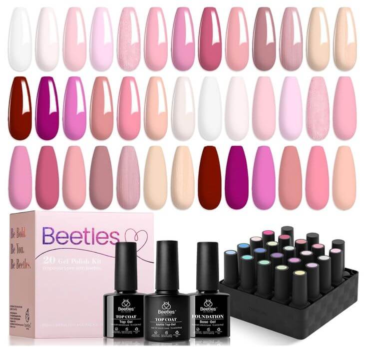 In the Pink: The 5 Most Stunning Clear Nude Gel Polishes 5. Beetles Nude Gel Nail Collection in Dare to Bare The Beetles collection offers a sheer, neutral, vibrant pink that is both elegant and versatile. 
Beetles Gel Nail Polish 23Pcs Nail Set Dare to Bare Collection Nude Pink White Neutral Soak off Uv Led Lamp Needed Manicure with 3Pcs Base Matte and Glossy Top All Seasons for Women