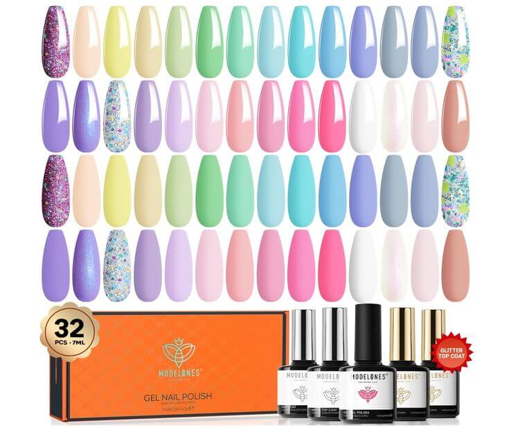 Spring Blooms: The 5 Must-Have Gel Nail Polish Kits 1. A Pastel Arcadia - Gel Polish 32 Colors Set  Known for its vibrant pastel Macaron colors with glitter and durability, Modelones offers a kit featuring strong pigmentation and smooth application, along with several trendy colors.
modelones A Pastel Arcadia 32Pcs Gel Nail Polish Set