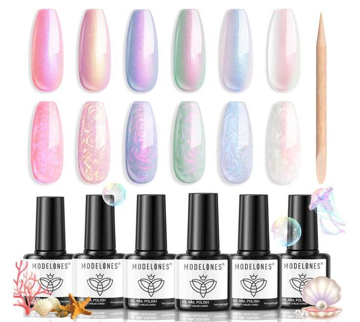 Mermaid Magic: The Top 6 Mermaid Gel Nail Polishes 4. Pearl Gel Nail Polish This collection features vibrant, pearl colors that shimmer, offering elegant and subtle sea-inspired hues.
Spring Blooms: The 5 Must-Have Gel Nail Polish Kits 4. Mermaid's Shell – Gel Polish 6 Colors Set This kit from Modelones offers professional, salon-quality pearl shades for at-home use.
modelones Gel Polish 6 Colors Set Mermaid's Shell