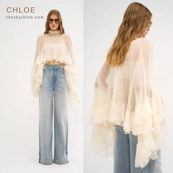 Timeless Elegance: Chloé’s Fall/Winter White Tops 3. HIGH-LOW RUFFLE TOP IN SILK MOUSSELINE This top is perfect for those who love high-low hems. It’s an excellent choice for individuals concerned about short legs or a petite frame, as it helps balance and enhance body proportions.
CHOLE HIGH-LOW RUFFLE TOP IN SILK MOUSSELINE