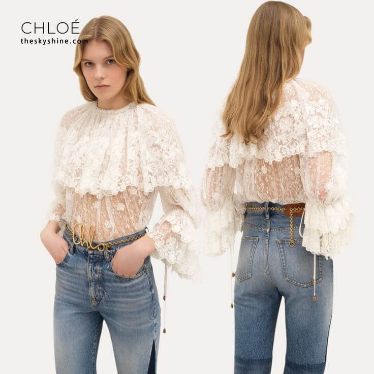 Timeless Elegance: Chloé’s Fall/Winter White Tops 1. GATHERED TOP IN LACE The Gathered Top in Lace adds a perfect feminine touch, while the gathered silhouette flatters all body types.
Chloe GATHERED TOP IN LACE