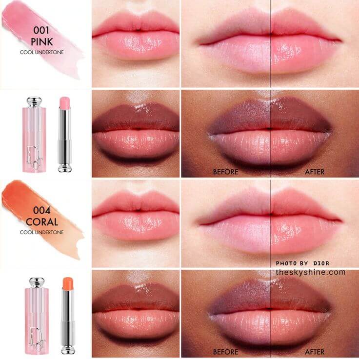 Cool Peach-Pink Lips for Summer: Fresh, Soft & Radiant Dior Addict Lip Glow 001 Pink 004 Coral